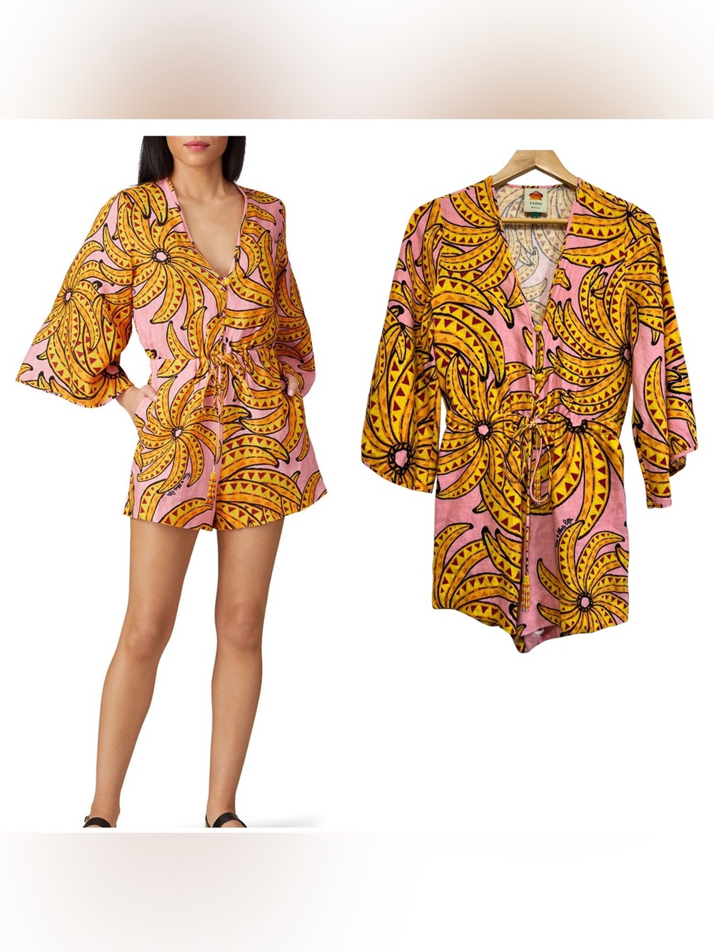 FARM Rio Pink & Yellow Printed V-Neck Romper